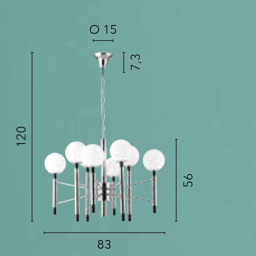 Sospensione 8 luci struttura metallo cromato-nero sfere vetro opale 8XE14 non incl. HAMMOND Sospensione 8 luci struttura metallo cromato-nero sfere vetro opale 8XE14 non incl. HAMMOND